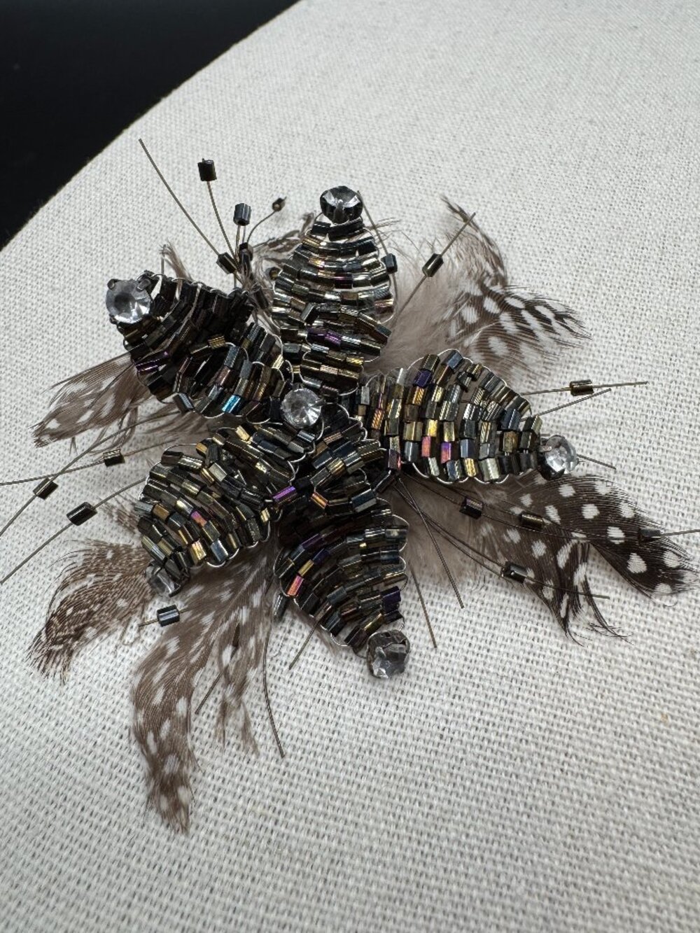 Vintage Artisan Brooch Feathers and Iridescent Beads Unusual
